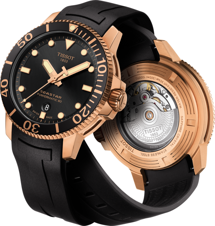 天梭表Seastar 1000海星系列自動上鍊腕表，18K玫瑰金PVD不鏽鋼表殼搭配色陶瓷表圈，動力儲存80小時，約26,700元。圖／TISSOT提供