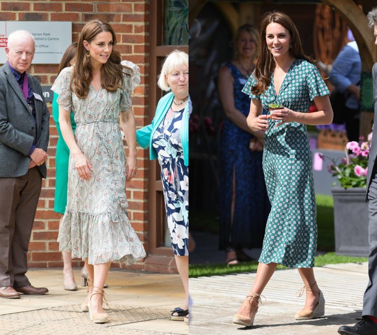凱特王妃前陣子時常穿上洋裝搭配Castañer的綁帶草編涼鞋。圖／達志影像