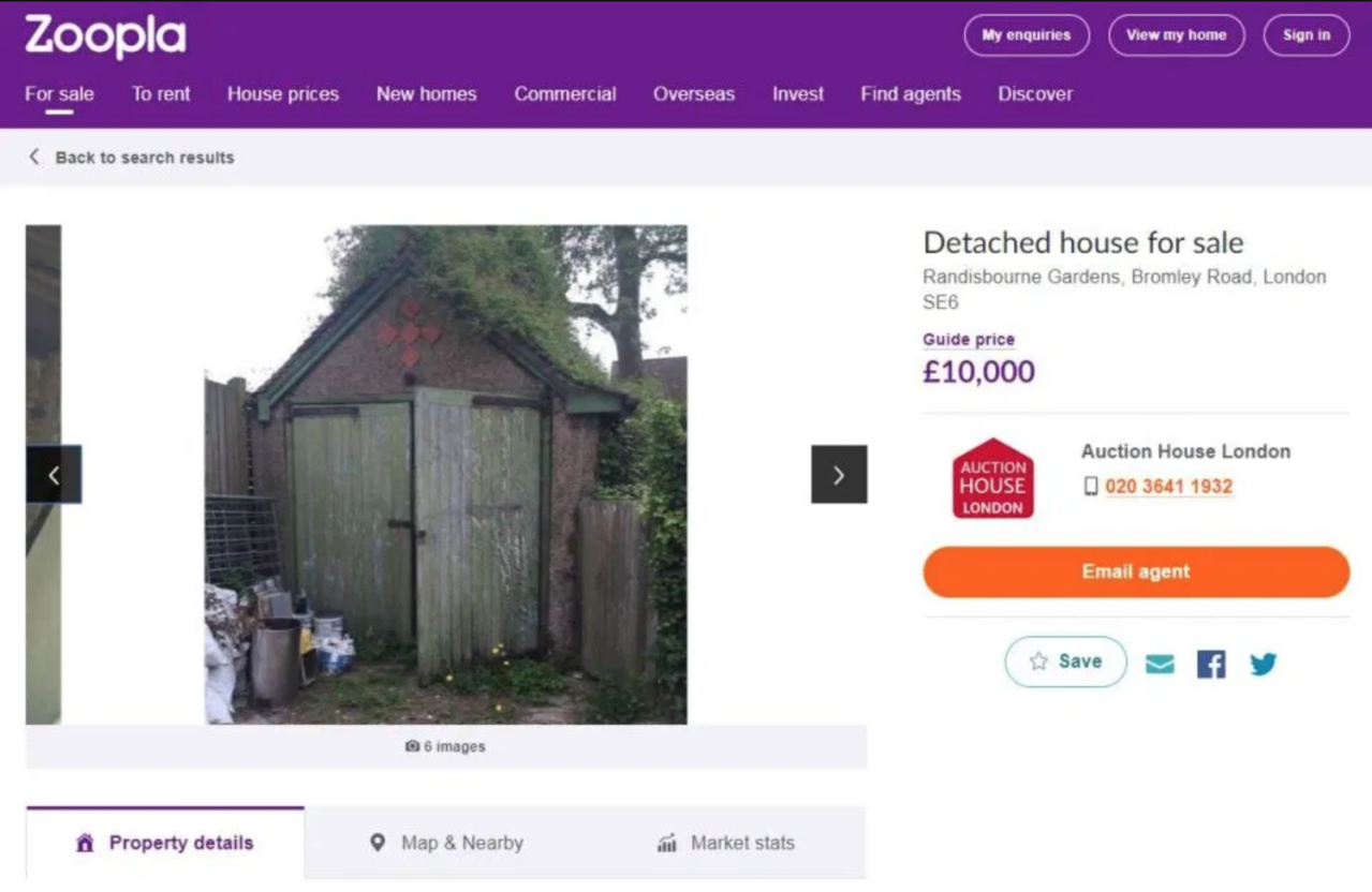 英國售房網站「Zoopla」上出現一間售價1萬英鎊的獨立房屋，但點進一看卻發現是...