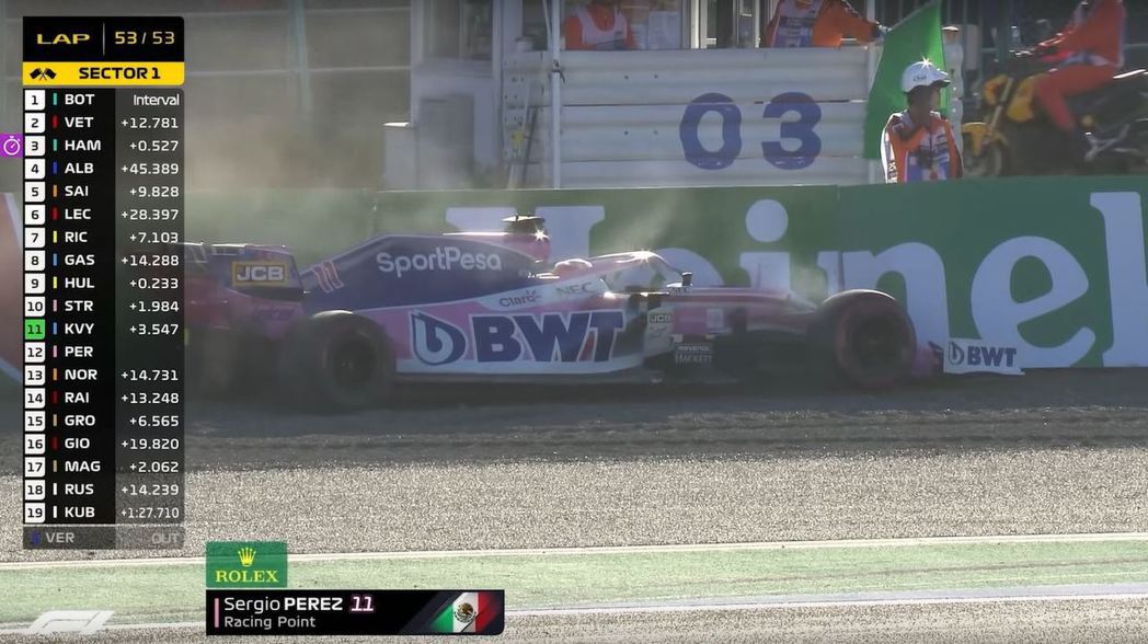 最後一圈時，Perez撞牆退賽。 摘自F1