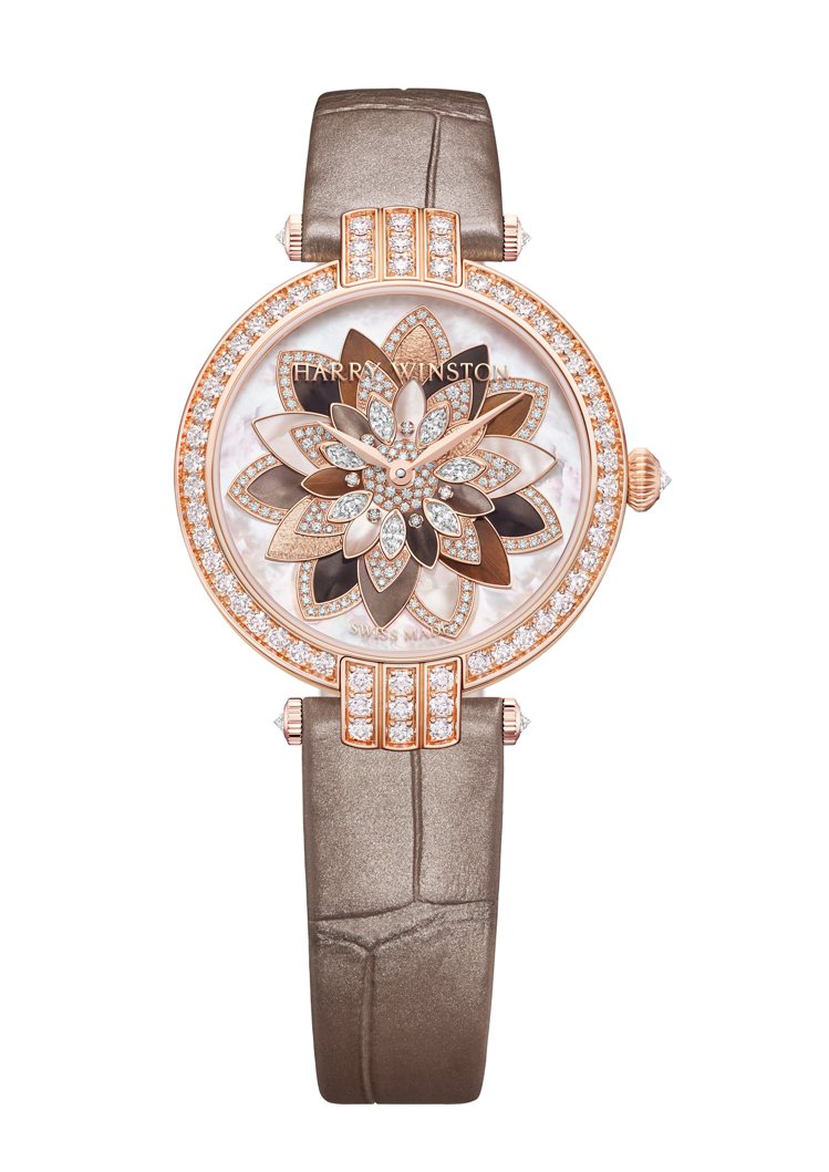 海瑞溫斯頓卓時系列Lotus自動上鍊腕表，18K玫瑰金表殼，約161萬2,000元。圖／Harry Winston提供