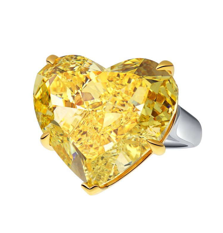海瑞溫斯頓重達45.22克拉，心型切割黃鑽戒指，售價約台幣1.84億元。圖／海瑞溫斯頓提供