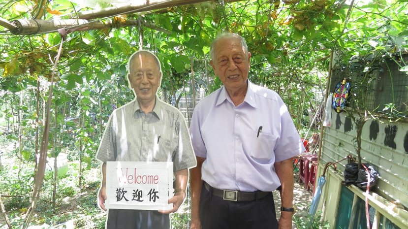 96歲陳孝祿在苗栗縣公館鄉館東村菜園搭竹架棚，打造快樂農園。 圖／范榮達攝影