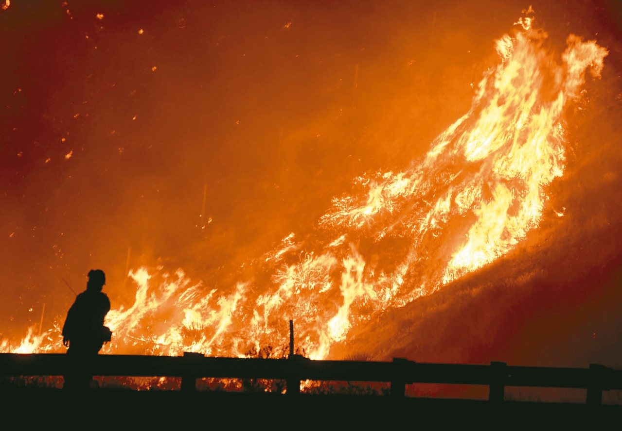 風助火勢，使加州野火更難控制。圖為一名消防員望著滔天大火，努力搏鬥。 （路透）