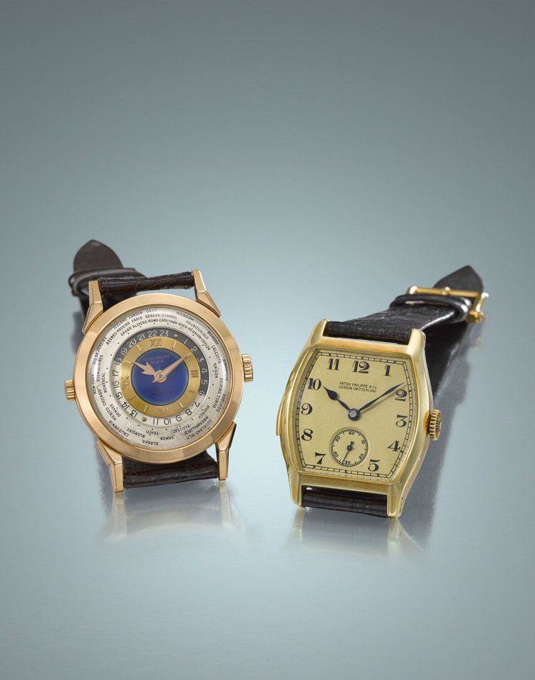 （由左至右）佳士得香港秋拍名表領銜的百達翡麗型號2523玫瑰金雙表冠世界時間腕表；佳士得日內瓦秋拍則有1927年為大藏家亨利格雷夫斯製造的百達翡麗三問腕表。圖／佳士得提供