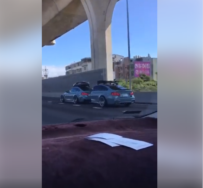 網友拍到一輛藍灰的BMW露營車在國一外線車道行駛，讓人驚艷。圖擷自「爆笑公社」