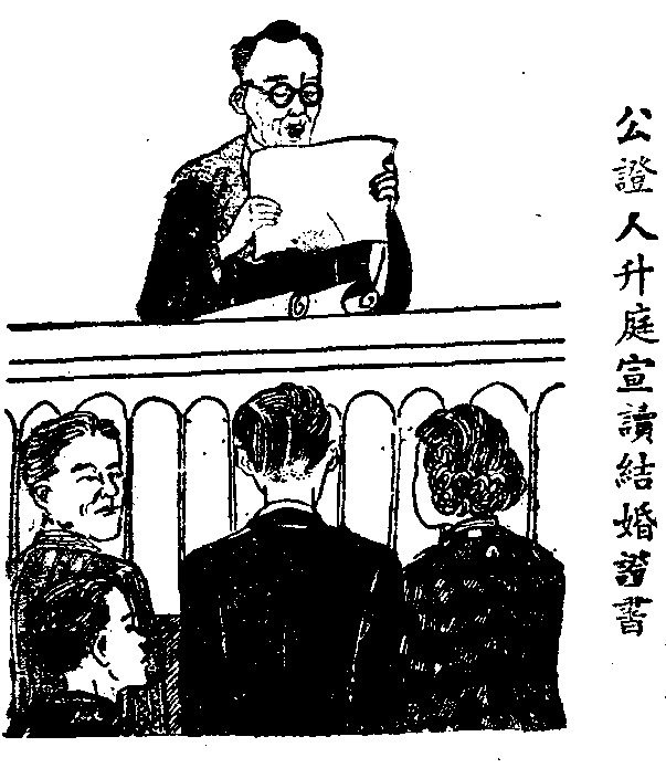 《聯合報》，1952年2月8日，第6版「終身大事在臺灣」連載小說插圖，男女主角前往法院公證結婚，完成宿願。（圖／聯合報系新聞資料庫照片）