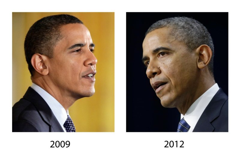 頭髮逐漸變灰白，是自然歷程。美國前總統歐巴馬2009年10月剛滿48歲時（左）還是滿頭黑髮，到了2012年11月51歲時（右）就明顯冒出白髮。