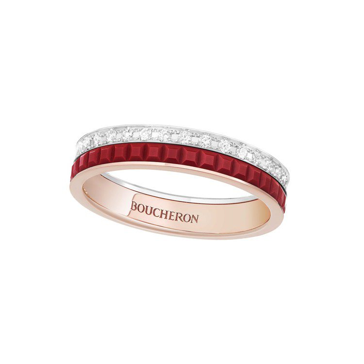 Boucheron，Quatre Red系列，玫瑰金及紅色陶瓷指環，5萬7,500元。圖╱Boucheron提供。