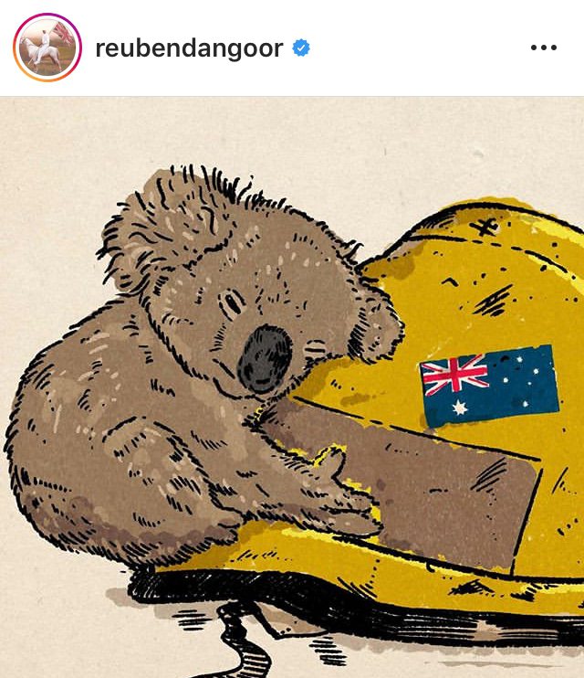 無尾熊攀附在消防帽上的插畫，出自英國插畫家Reuben Dangoor之手。圖╱翻攝自Reuben Dangoor官方iG帳號。