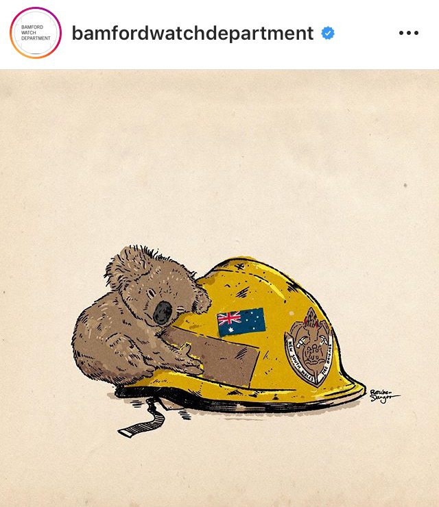 英國名表改裝廠Bamford登高一呼，以插畫呼籲愛好者、關心澳洲大火。圖╱翻攝自Bamford官方iG帳號。