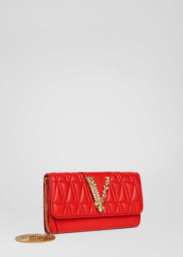 Versace Virtus新春系列限定包款鮮紅羊皮絎縫V字裝飾鍊帶小包，54,...
