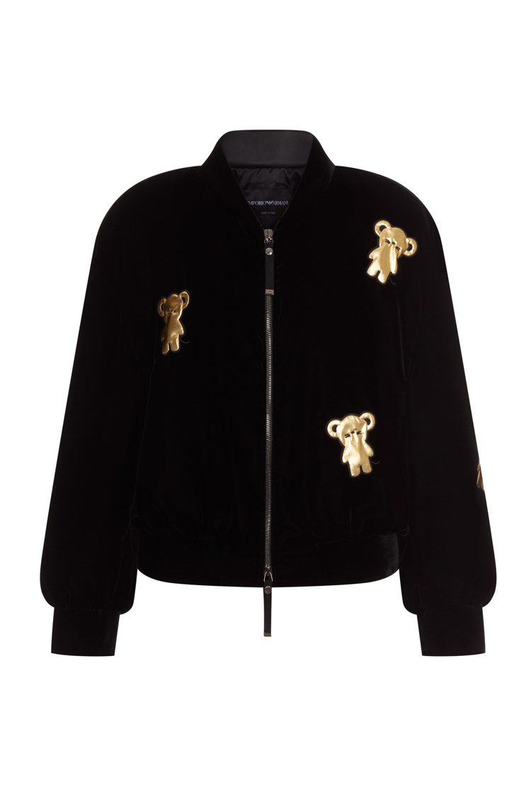Emporio Armani新年系列黑色休閒外套裝飾金色老鼠圖騰。圖／嘉裕提供