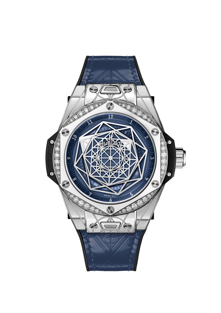 宇舶表Big Bang One Click Sang Bleu腕表，不鏽鋼表殼、表圈，鑲嵌48顆鑽石，約52萬元。圖／HUBLOT提供