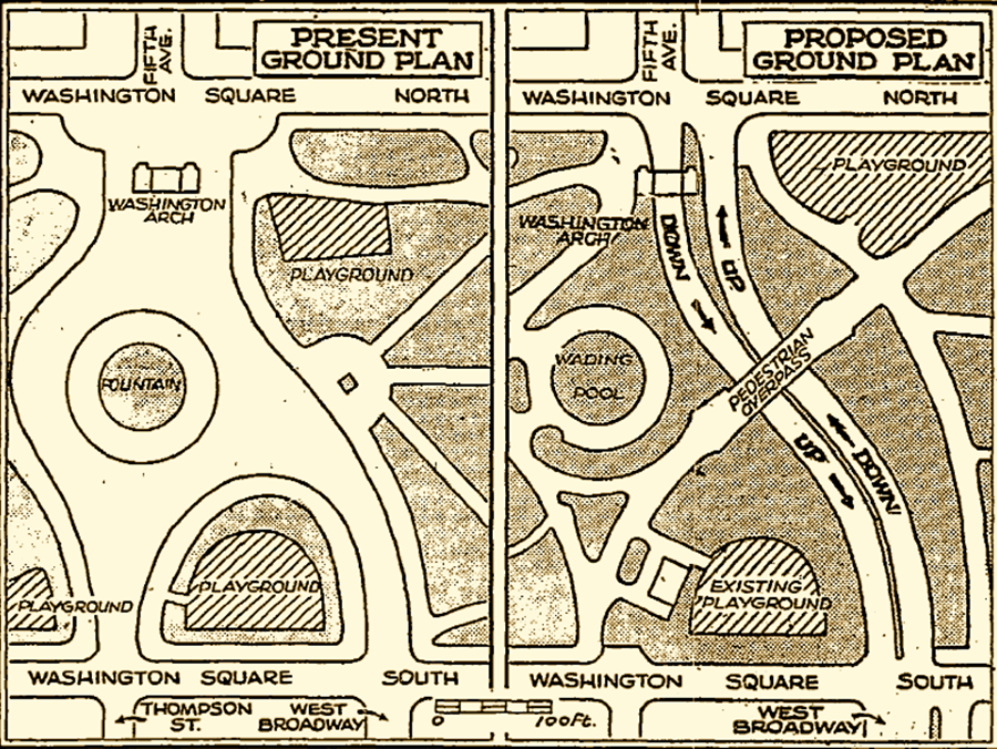 摩西斯計畫蓋一條公路，直接穿越華盛頓廣場公園，將北邊的第五大道延伸到公園南邊。圖...