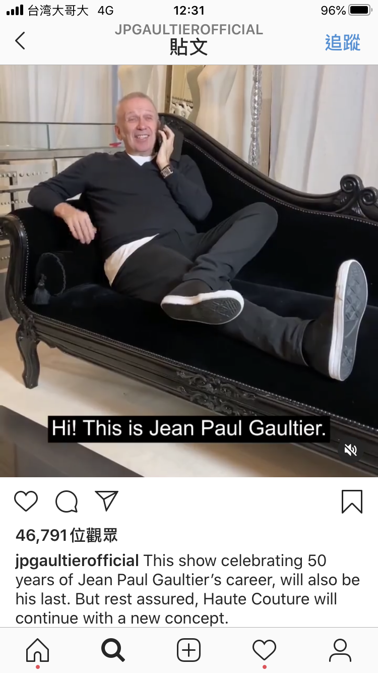 Jean Paul Gaultier以IG影片宣布退休。圖/截自IG