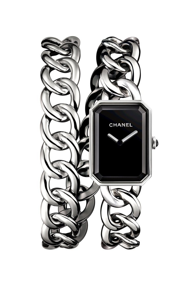 CHANEL，Pemière Rock腕表，精鋼錶殼配黑色亮漆錶盤、凸圓形瑪瑙錶冠，精鋼環錶鍊，石英機芯。圖╱CHANEL提供。