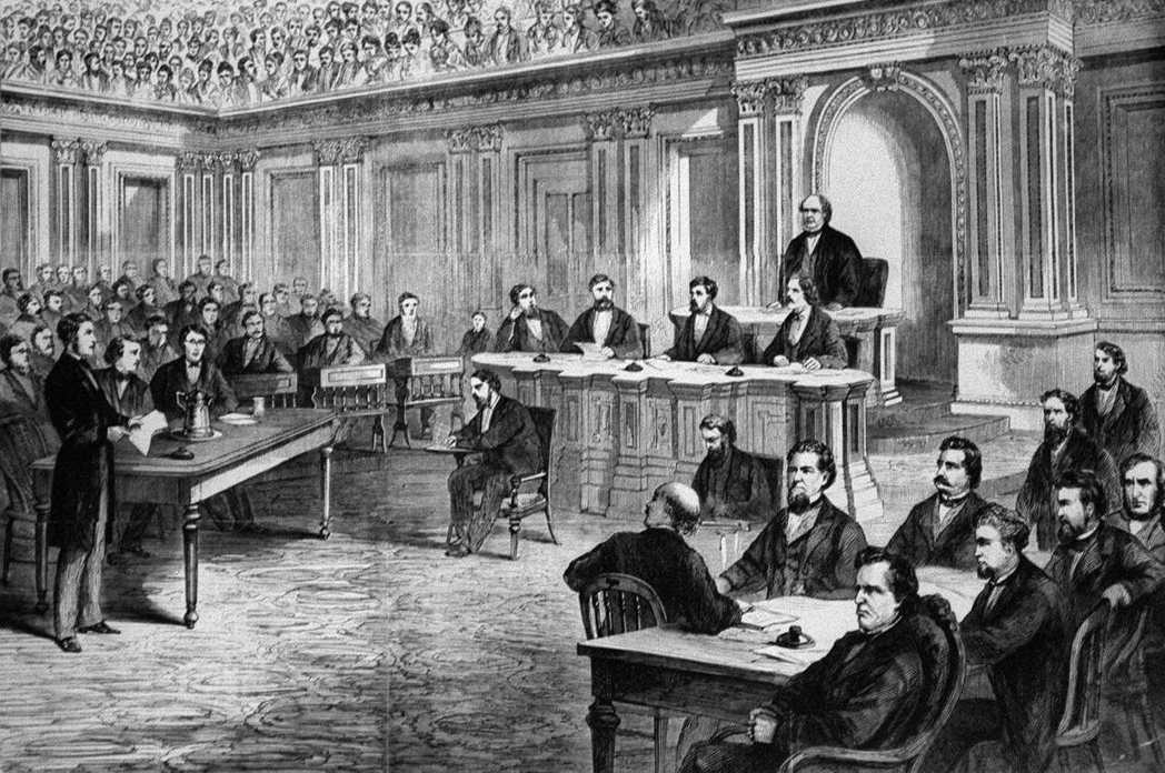 以1868年第一位被彈劾的總統安德魯．約翰遜為例。約翰遜某次不惜違反國會通過的法...