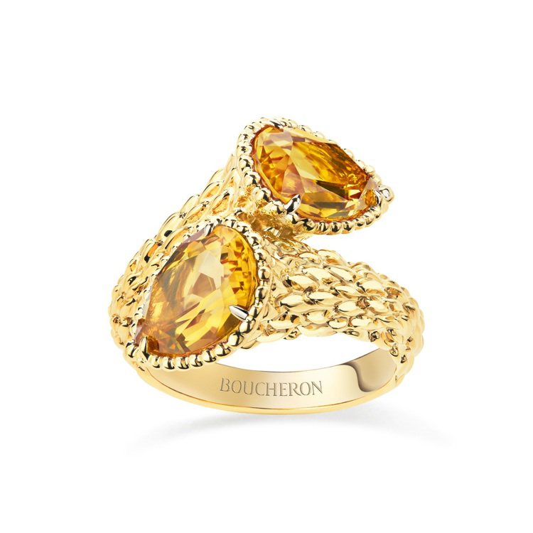 Boucheron，Serpent Bohème系列戒指，鑲嵌2顆梨型黃水晶約3.47克拉，15萬4,500元。圖╱Boucheron提供。