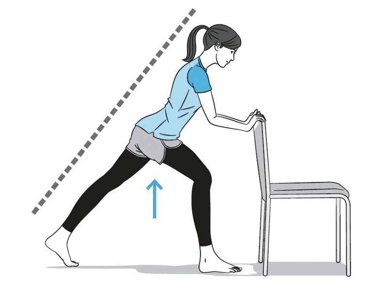 2維持體重落在前腳的姿勢，花4秒鐘將膝蓋打直後使腰部抬高。接下來，再花4秒鐘回到...