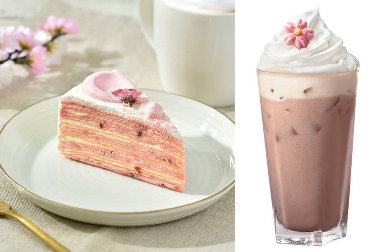 星巴克推出多款春季全新口味甜點及飲料，「櫻花莓果千層薄餅」及「春櫻蜜桃巧克力紅茶那堤」都是焦點新品。圖／星巴克提供