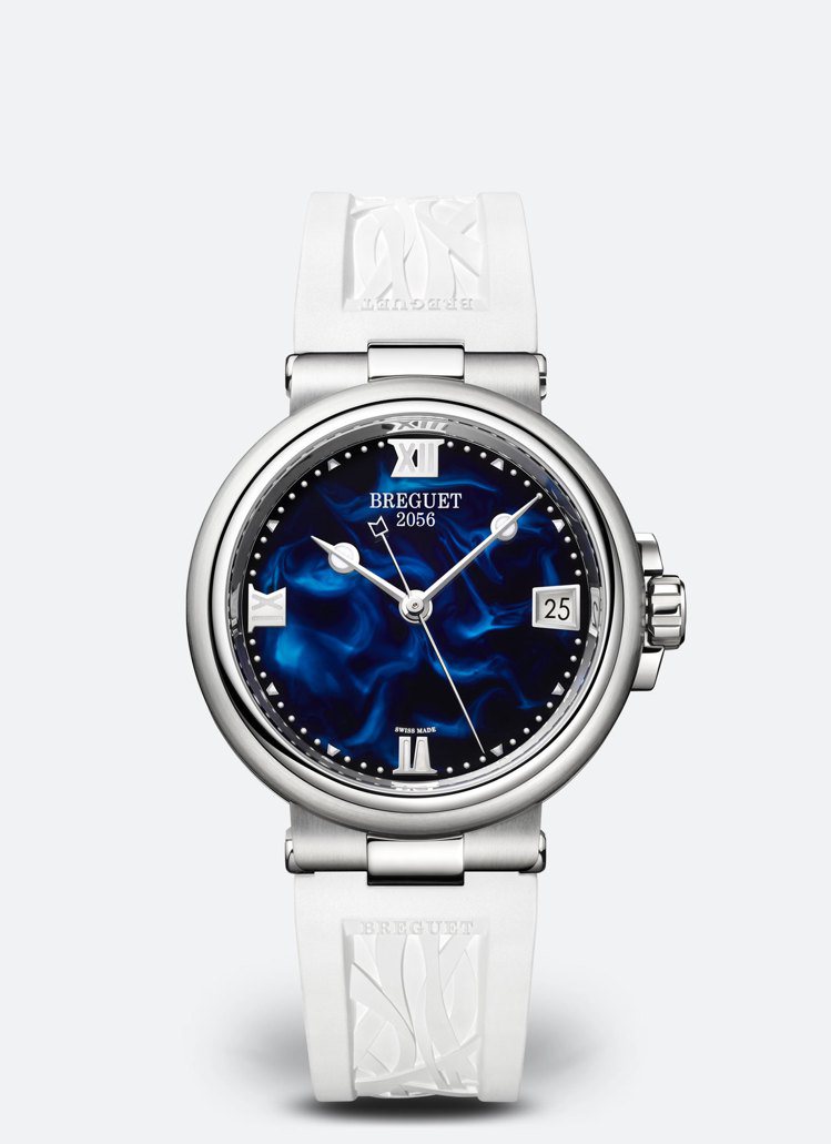 Breguet，Marine Lady 9517腕表。精鋼、藍色大理石紋亮面漆表面，自動上鍊機芯，備有獨立編號及寶璣簽名。56萬9,000元。圖 / Breguet提供。