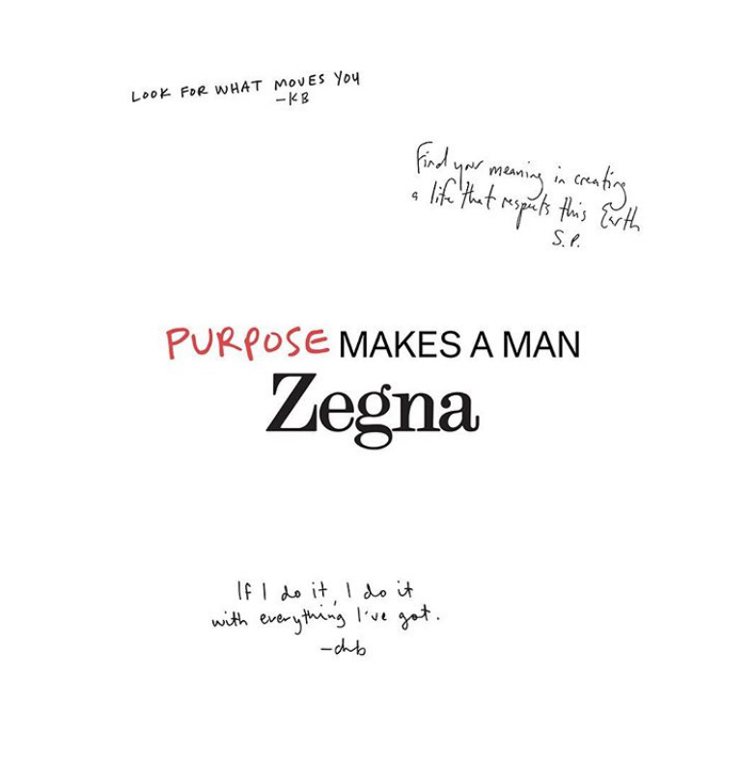 廣告文案除叩問男士風格核心，也升級為「Purpose Makes a man」，帶出更多細膩層次。圖 / 翻攝自 ig @zegnaofficial。