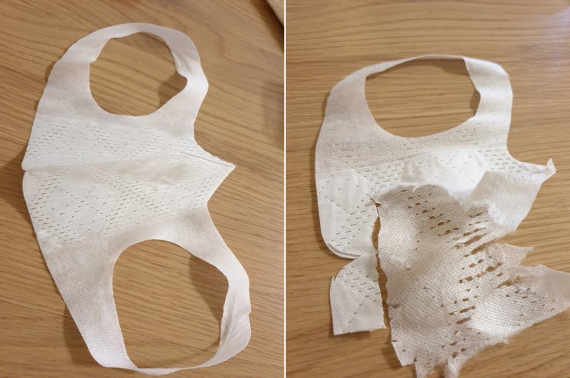 一名網友在家中找到一款醫療級口罩，好奇之下將它剪開，沒想到卻被其他網友大罵浪費。 圖／翻攝自PTT