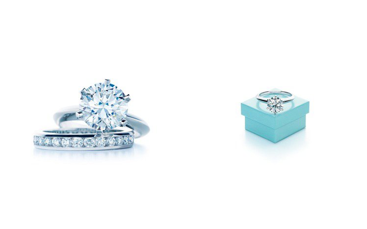Tiffany以經典的知更鳥藍色小盒與Tiffany六爪式鑲嵌，成就夢幻鑽戒經典。圖 / Tiffany提供。
