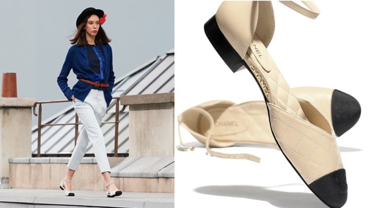 今年春夏的雙色鞋呼應藝術總監維吉妮維婭強調的雋永優雅細膩品味，透過波浪狀的線條搭配腳踝繫帶，呈現更俏麗的女人味。圖／香奈兒提供