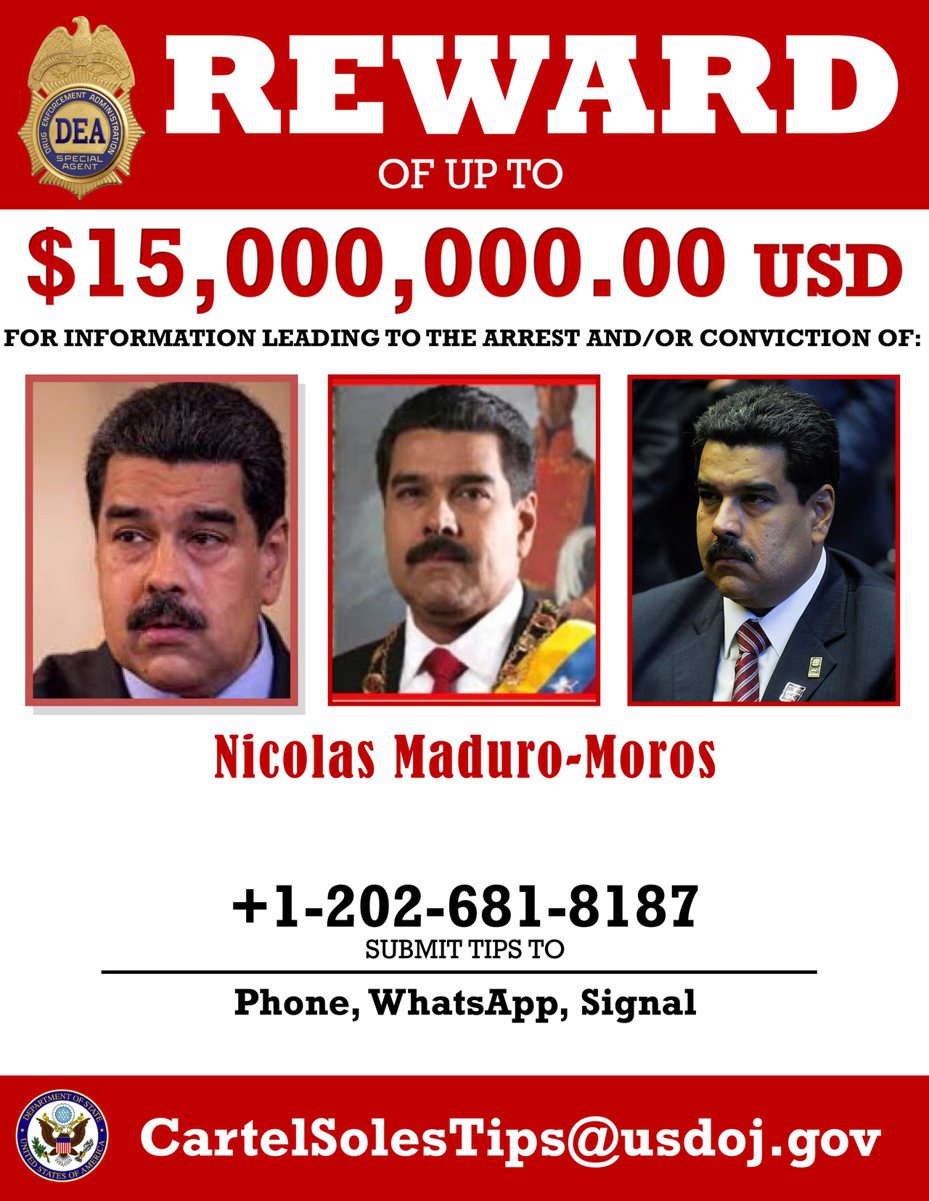 美國司法部起訴委內瑞拉總統馬杜洛領導販毒集團，密謀走私古柯鹼至美國。圖為司法部懸賞多達一千五百萬美元以捉拿馬杜洛的海報。（美聯社）