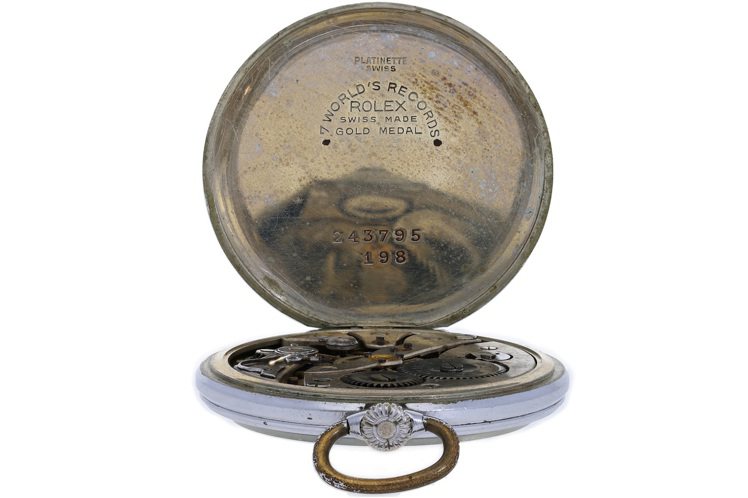 勞力士Precision Lever鍍鉑金手上鍊懷表，1923年，估價7,000港元（約台幣27,370元）起。圖／邦瀚斯提供
