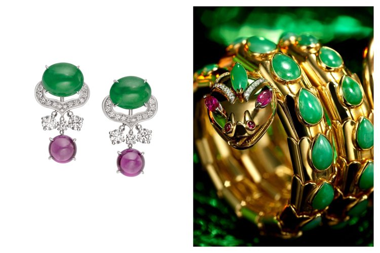 （左）BVLGARI 四月登台的頂級珠寶展中有13件翡翠珠寶全球首度曝光。（右）「彩寶之王」寶格麗自50、60年年代起就在珠寶設計中大量運用東方人鍾愛的翡翠。圖／寶格麗提供