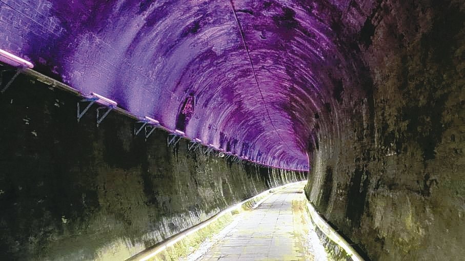 苗栗市功維敘隧道有百年以上歷史，七彩LED燈夢幻成了亮點。 記者范榮達／攝影