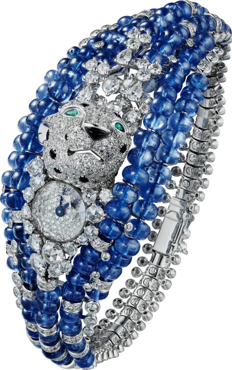 Cartier，L'AVENTUREUSE美洲豹藍寶石頂級珠寶腕表，展現出美洲豹首在蔚藍水簾中的生動意象，2,670萬元。圖 / CARTIER提供。