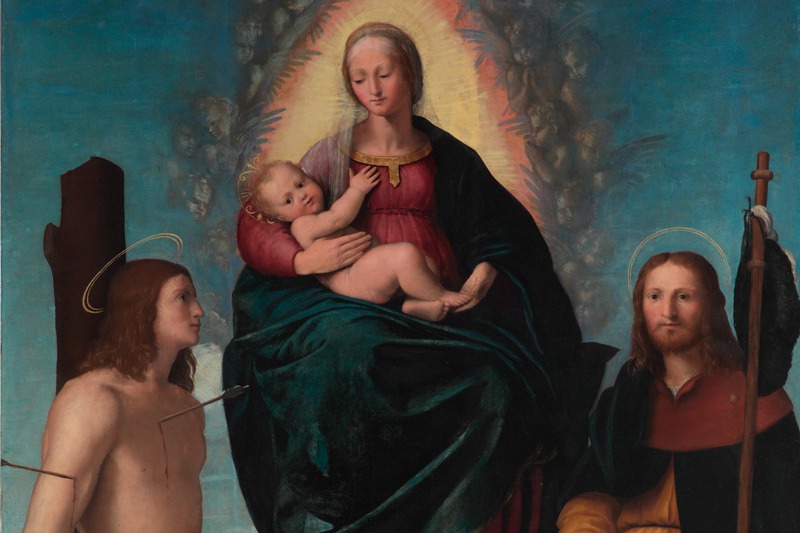 奇美博物館館藏《聖母瑪利亞、耶穌嬰兒與聖塞巴斯汀和聖洛可》，由義大利畫家薩巴提尼創作於1524年，是當時天主教會祈求瘟疫疫情快點結束的祈願之作。 圖／奇美博物館提供