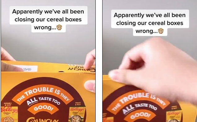 已開封的麥片盒怎麼封？英國網友上傳影片示範。圖取自TikTok