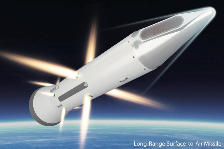 L-SAM的攔截體假想圖，可看到紅外線視窗斜置以遠離鼻錐產生的震波，彈體採用側向姿態控制火箭進行機動。 圖／取自韓華公司
