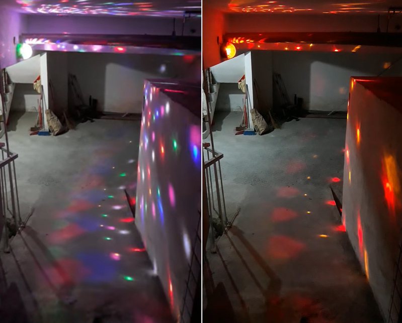 一名女網友發現所住的公寓地下室停車場被某位住戶裝設了霓虹燈，讓她開玩笑的說以為自己來到小吃部。 圖／翻攝自「爆怨公社」