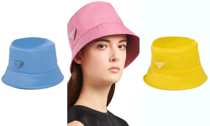 春夏漁夫帽換上粉彩亮色款式，就像現榨的果汁或水果糖一樣新鮮討喜。圖／PRADA提供、摘自官網