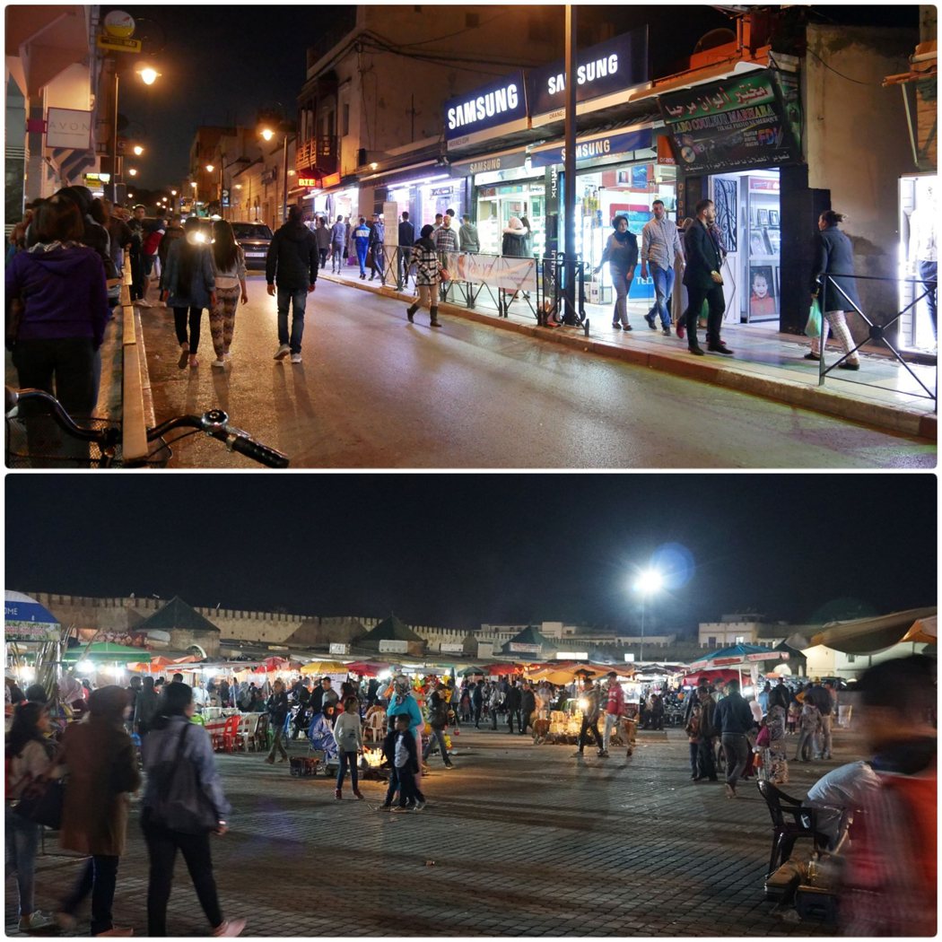 上圖為新城區的商店街，感覺好像走在台灣；下圖為舊城區的市集廣場（Hedim Square)，同樣是夜市，卻有不同的風情。