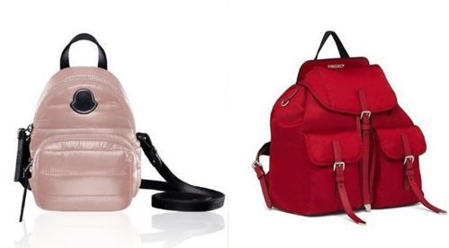 (左)KILIA粉色後背包，16,200元。(右)紅色尼龍後背包，43,000元...