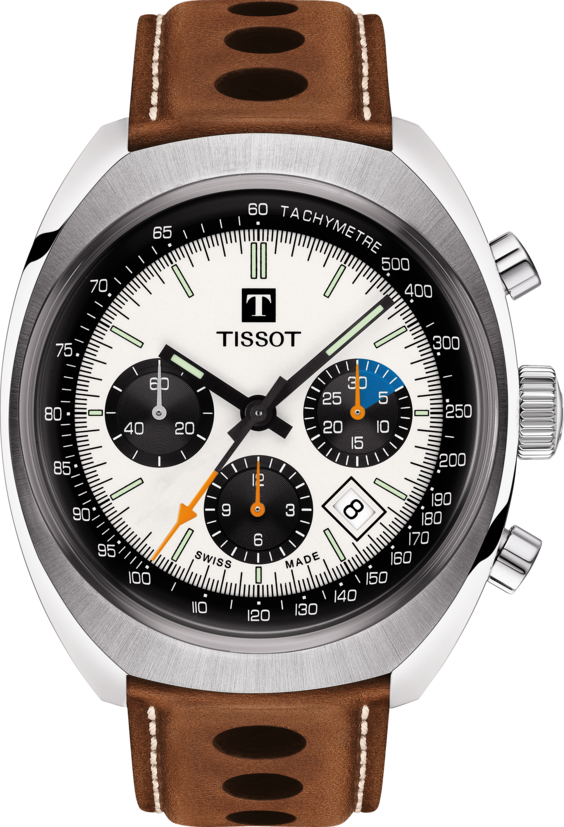 天梭表Heritage 1973復刻計時碼表，不鏽鋼表殼搭配皮革表帶，約68,500元。圖／TISSOT提供