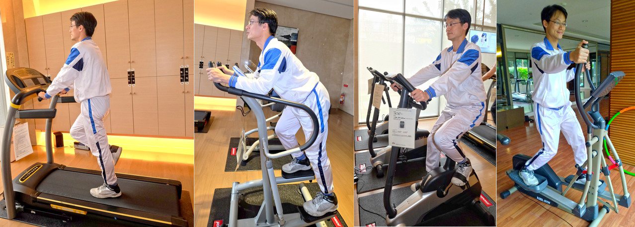 提升心肺耐力以及肌肉有氧代謝能力，須進行全身主要大肌肉群規律性收縮的活動，例如（左起）登階機、健身車及划步機，都是合適有氧運動訓練的器材。圖／程遠揚提供