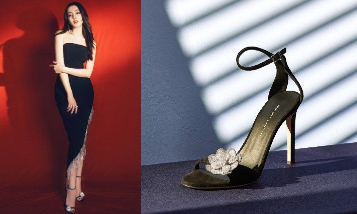 大陸女星迪麗熱巴用PHOEBE NUIT黑色細高跟鞋搭配高衩水晶流蘇禮服，展現性感貴氣。圖／Giuseppe Zanotti提供