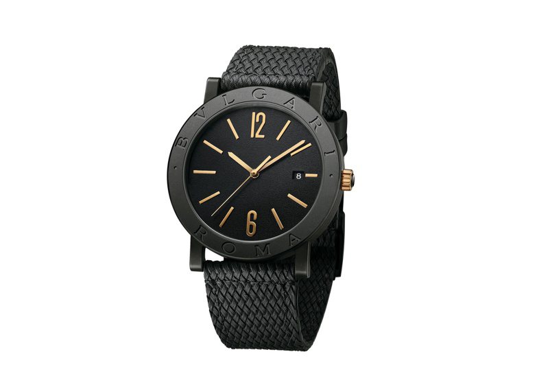 台灣區引寶格麗BVLGARI BVLGARI城市特別版BVLGARI ROMA腕表腕表搭配黑色橡膠表帶，13萬3,600元。圖／寶格麗提供