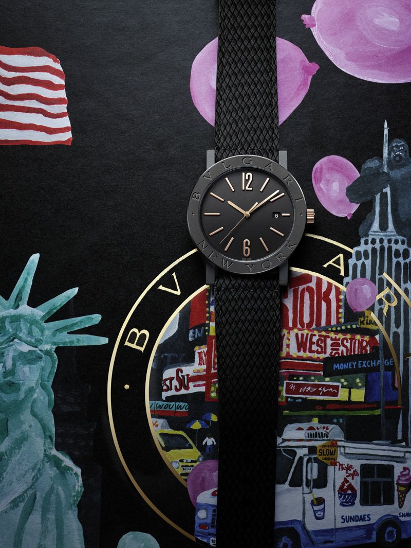 寶格麗BVLGARI BVLGARI城市特別版BVLGARI NEW YORK腕表黑色橡膠表帶，13萬3,600元。圖／寶格麗提供