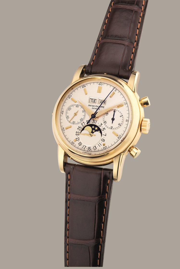 百達翡麗型號2499/100的18K黃金萬年曆計時腕表，備月相顯示，1982年製...