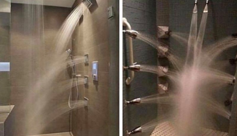 該浴室內的蓮蓬頭佈滿整個牆壁，且蓮蓬頭的水壓相當高。圖擷自臉書社團「爆廢公社公開版」