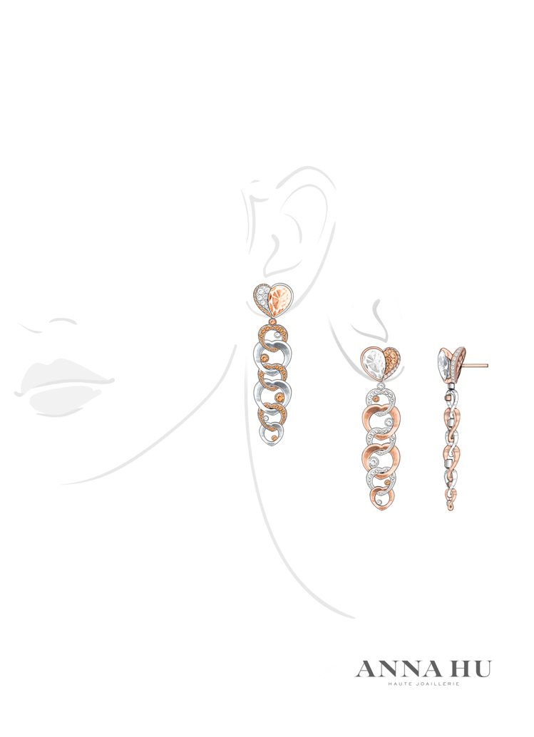 胡茵菲設計的耳環，18K白金和18K紅金鑲嵌彩鑽和無色鑽石，分別鑲嵌一顆3克拉梨形主鑽。圖／佳士得提供